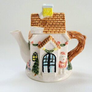Vintage Christmas Snow Covered Church with Santa Miniature Teapot, Ceramic Holid